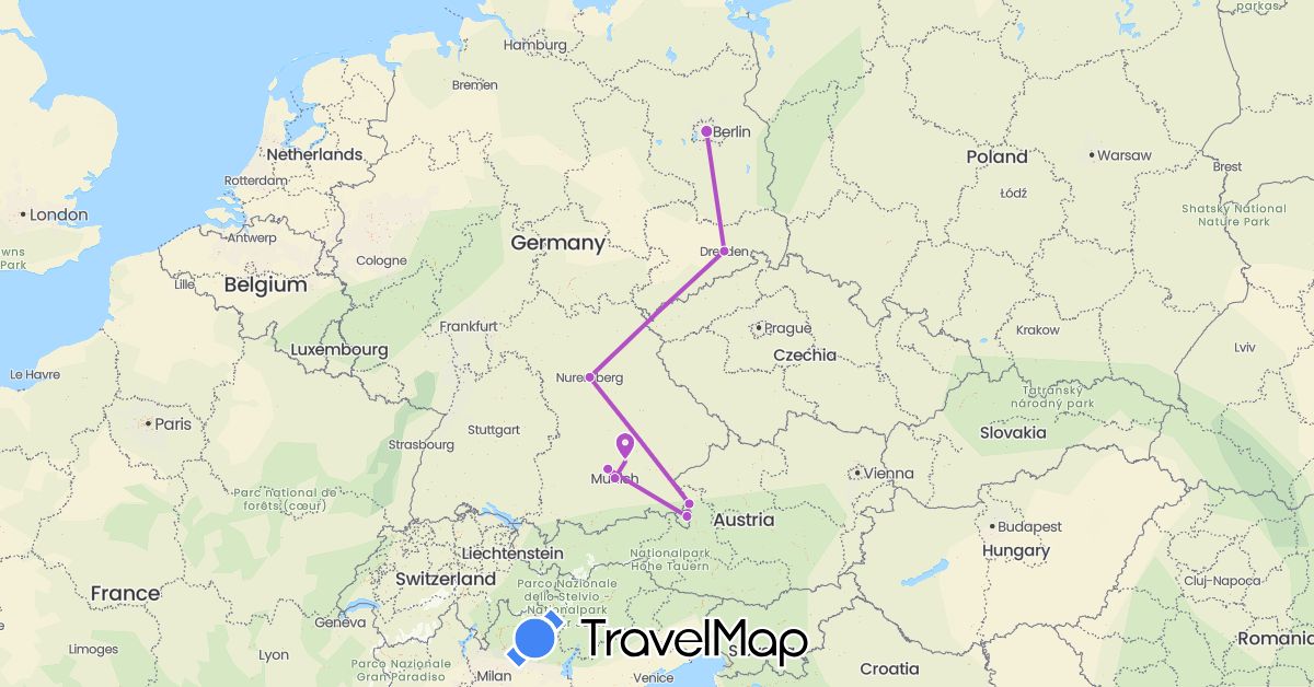 TravelMap itinerary: driving, train in Austria, Germany (Europe)